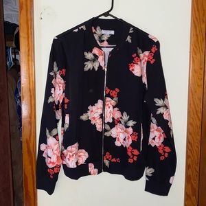 Never worn, large, navy with flower design bomber jacket.